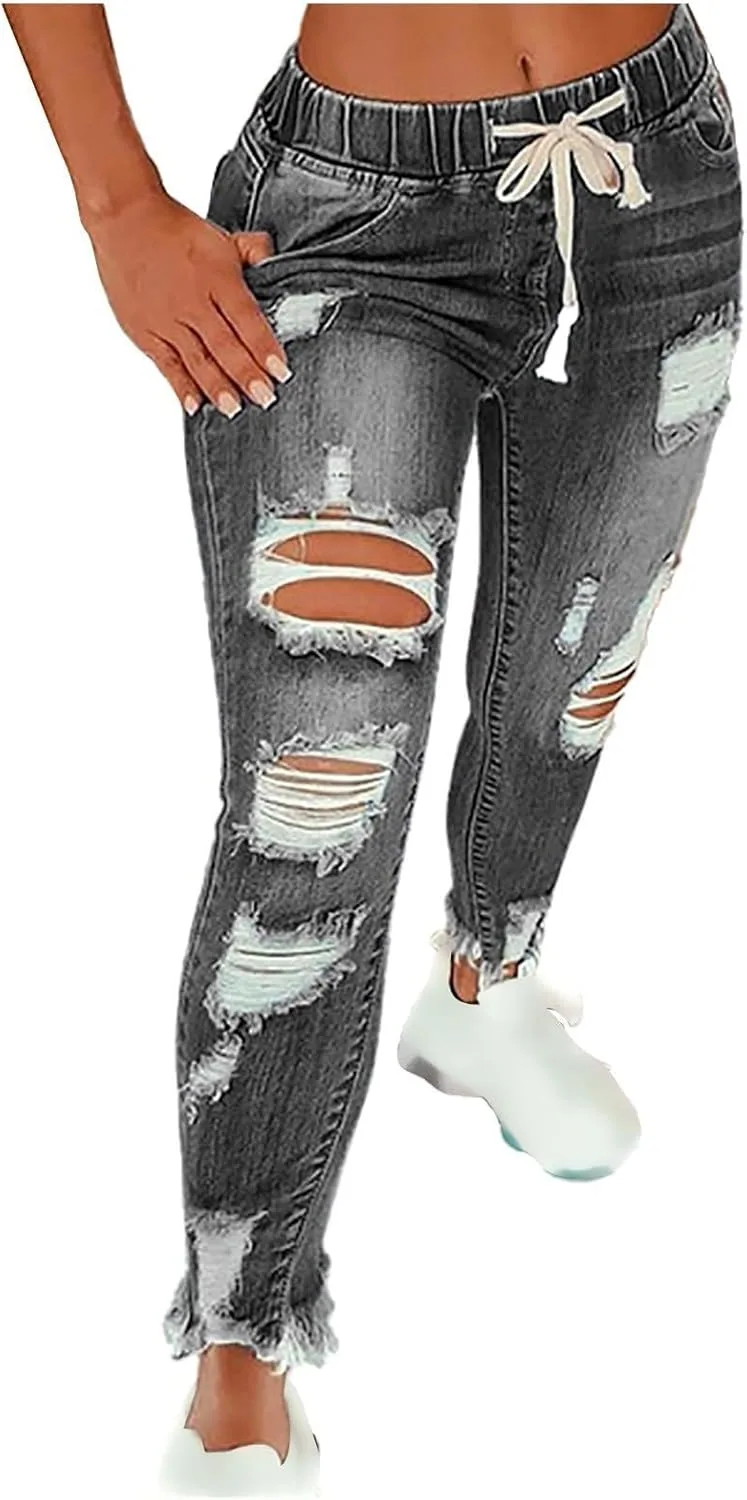 

Женские рваные джинсы High Waisted Skinny с эффектом потертости