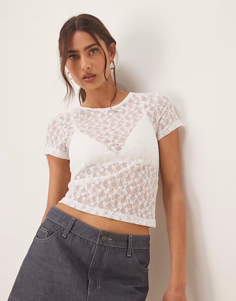 

Белая кружевная полупрозрачная детская футболка с короткими рукавами ASOS DESIGN - БЕЛЫЙ
