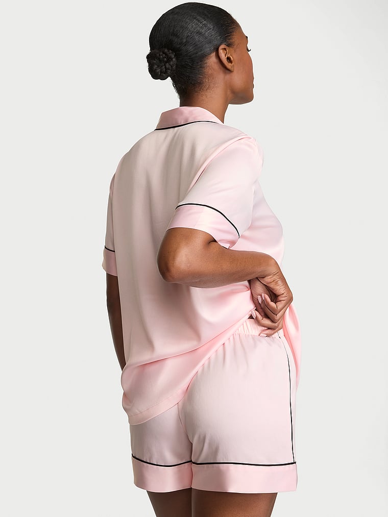 Короткий пижамный комплект из глянцевого атласа Victoria'S Secret, embroidered angel pink w collar embroidery — фото 3