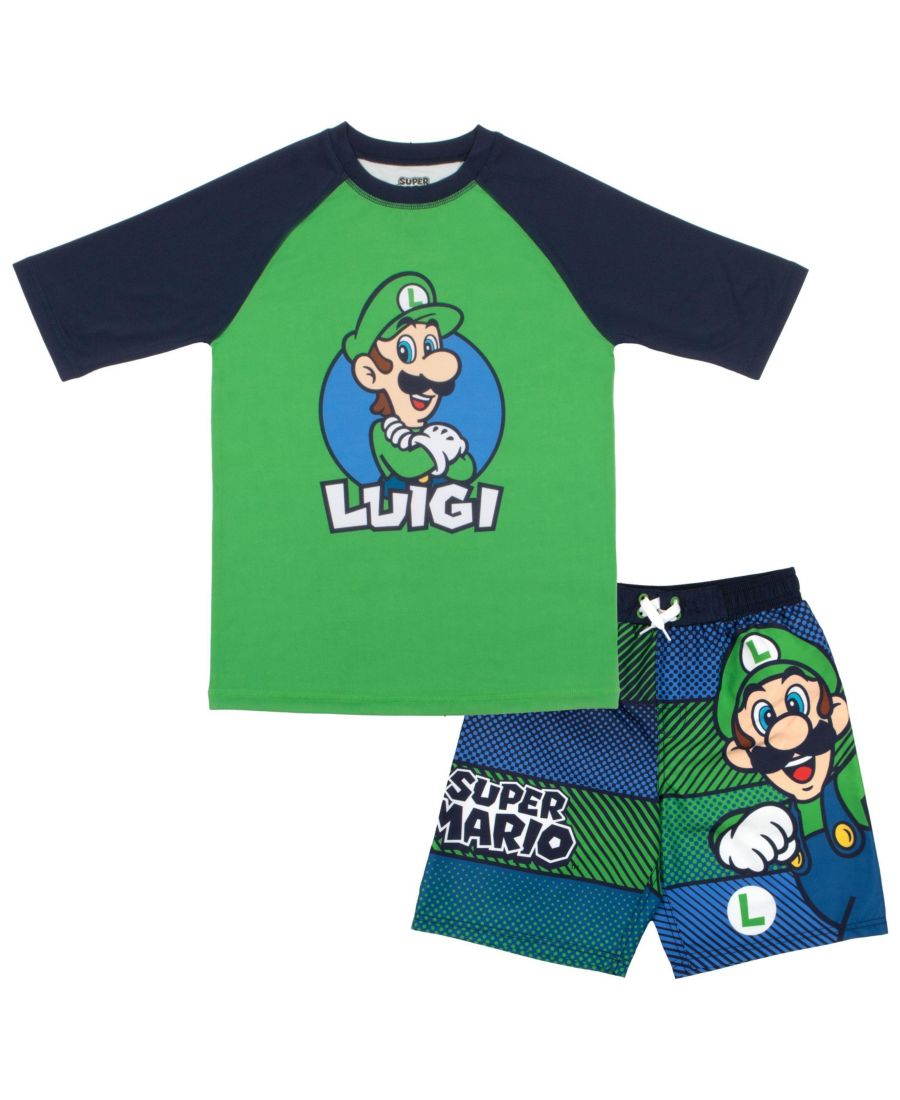 

Детский купальный костюм Супер Луиджи: футболка с коротким рукавом и плавки Mario, Green