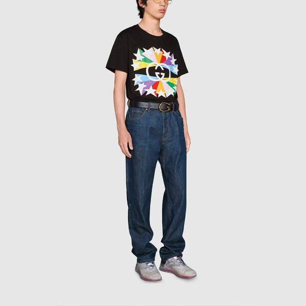 Футболка men's fw21 interlock double g printing cotton short sleeve black t-shirt Gucci, черный — фото 3