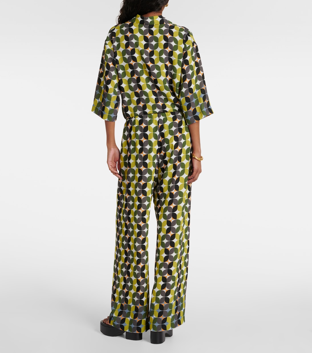 Брюки широкие из крепа с высокой талией и принтом Dries Van Noten, зеленый — фото 3