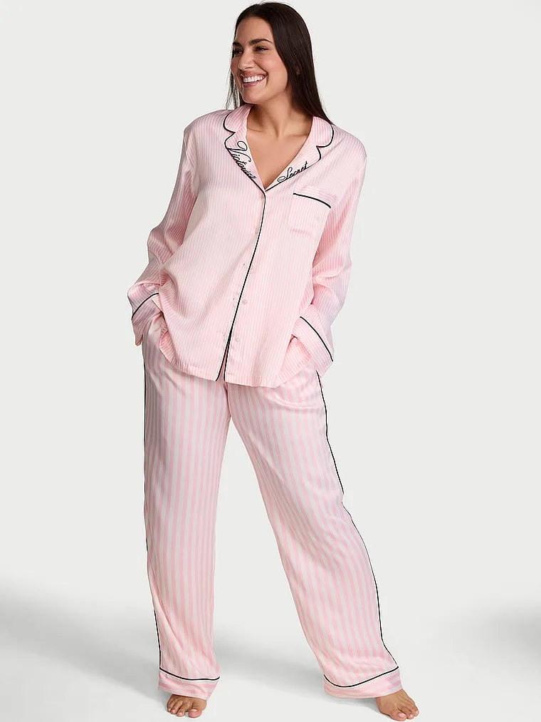 Фирменный атласный длинный пижамный комплект Victoria'S Secret, Embroidered Collar Pretty Blossom Iconic Stripes