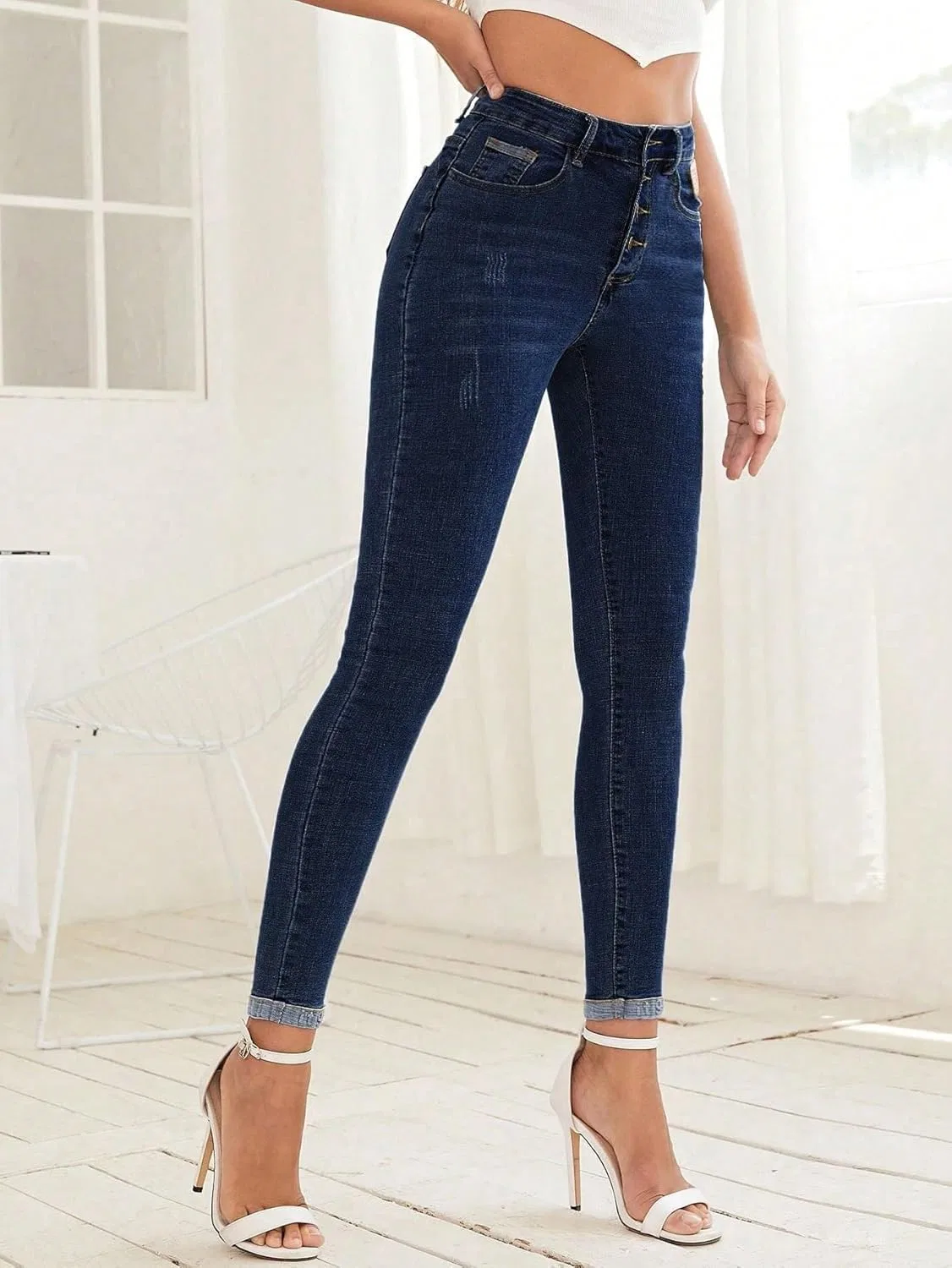 Джинсы свободные, Button-Front Slim Fit, Dark Wash — фото 4