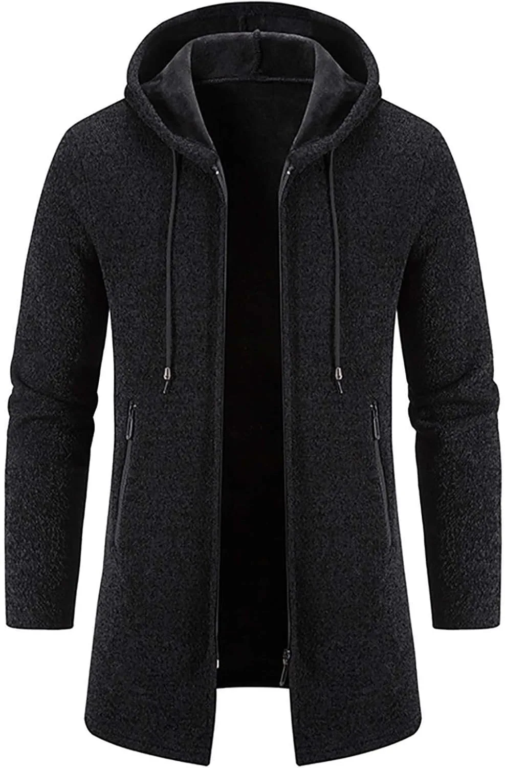 Мужской свитер-куртка Slim Fit на молнии, модное зимнее пальто из плюша с длинными рукавами, худи с карманами Generic, черный