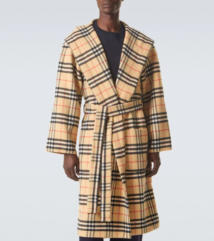Халат Burberry шерсть/кашемир клетка Sand Ip Check, бежевый — фото 3