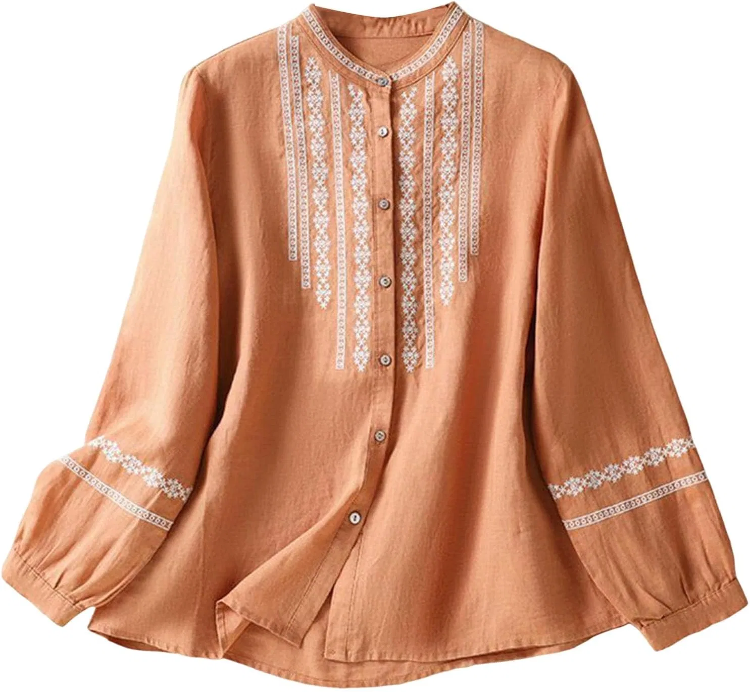 Футболка из хлопка и льна, с вышивкой, Oversize, оранжевый