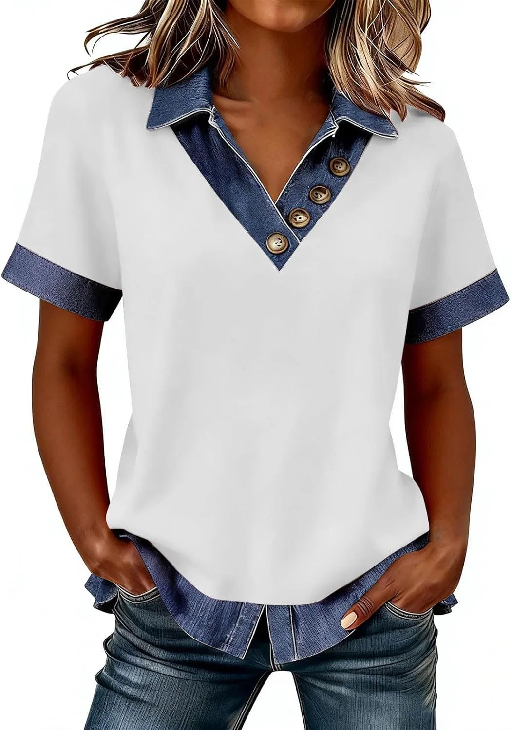 Блуза с воротником деним пэчворк, короткий рукав, Slim Fit, N009- White