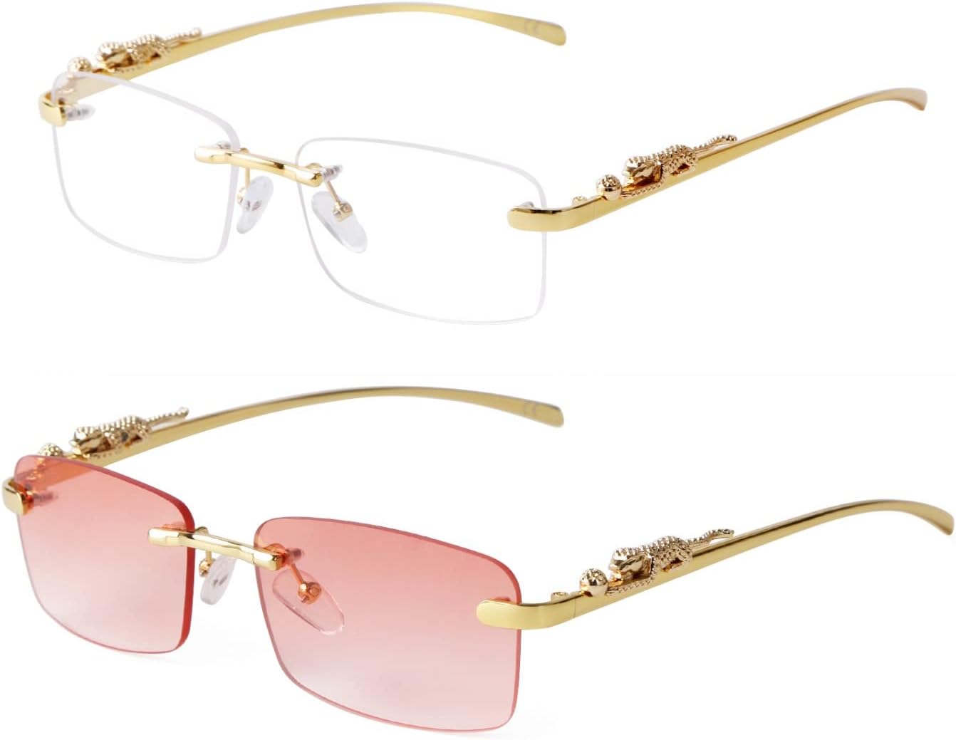 

ADE WU Винтажные солнцезащитные очки без оправы в стиле ретро, ​​роскошные, золотистая металлическая безрамочная модель, прямоугольные солнцезащитные очки с цветными линзами, 2 Pack: Clear & Pink