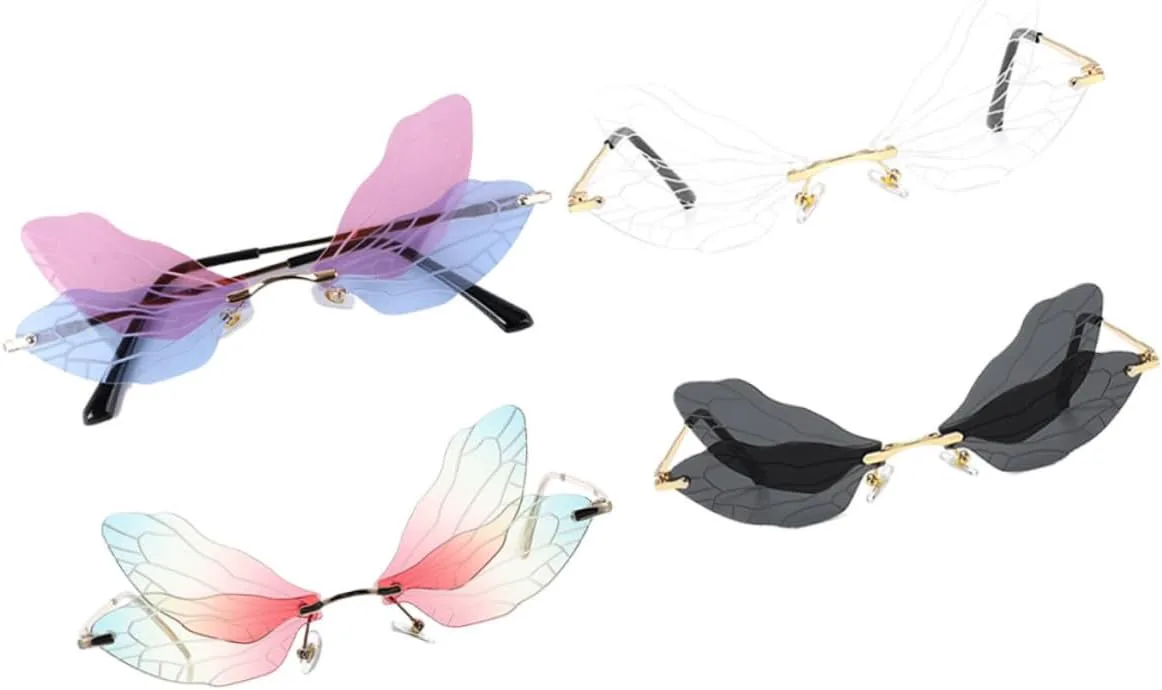 

Солнцезащитные очки Abaodam, стиль «крылья стрекозы», без оправы, винтажные. Цвета: золотая оправа с линзами черные, сине-розовые, красно-зеленые. Набор 4 пары