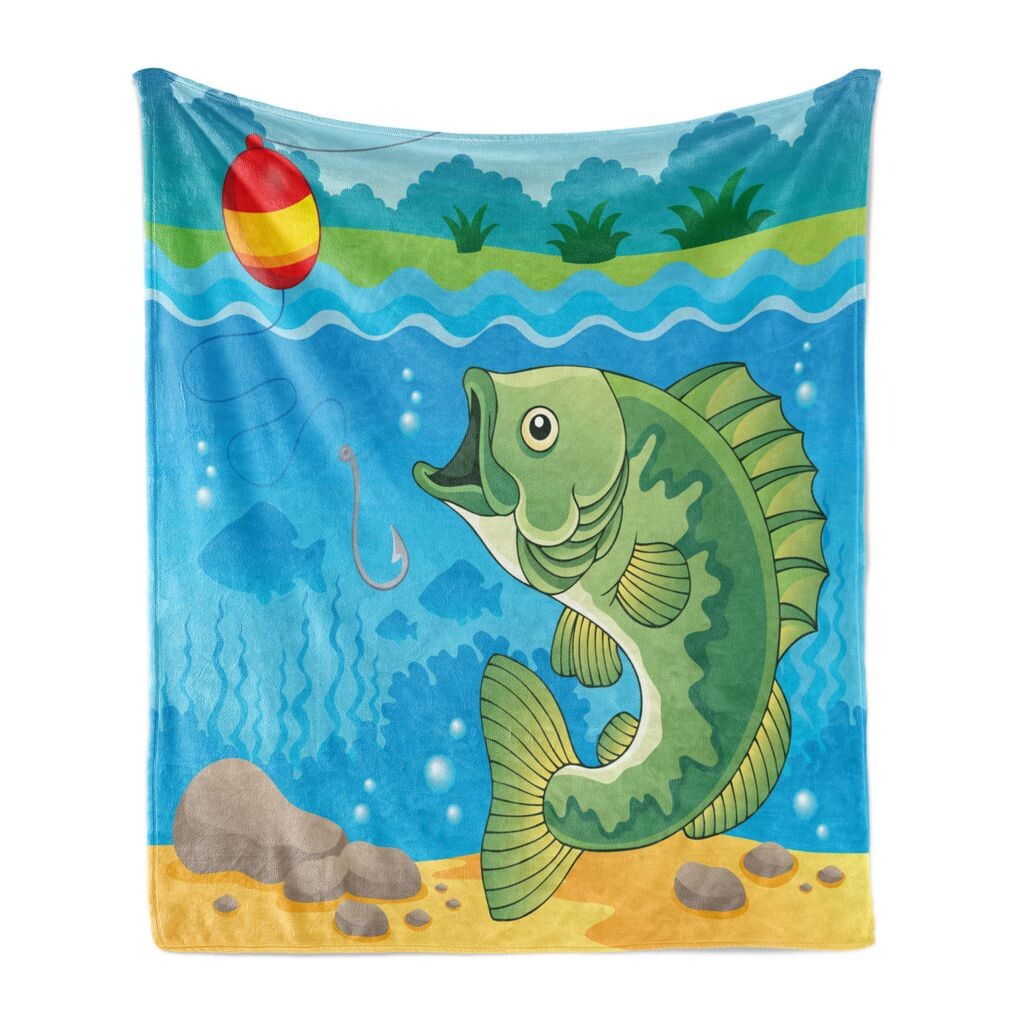 

ABAKUHAUS Fishing Theme Мягкое фланелевое флисовое одеяло, водный пейзаж, уютный плюш для использования в помещении и на улице, 125 x 175 см, разноцветное