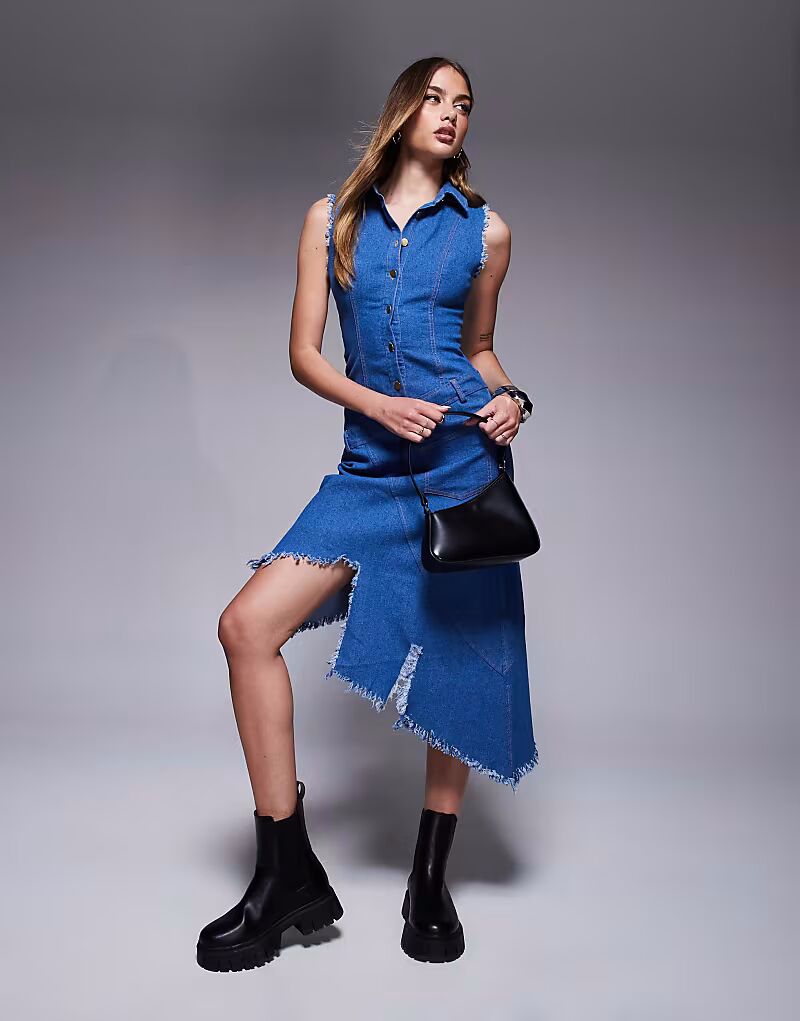 

Платье-рубашка мидакси без рукавов Goddiva Denim с потертостями и асимметричным кроем из синего денима