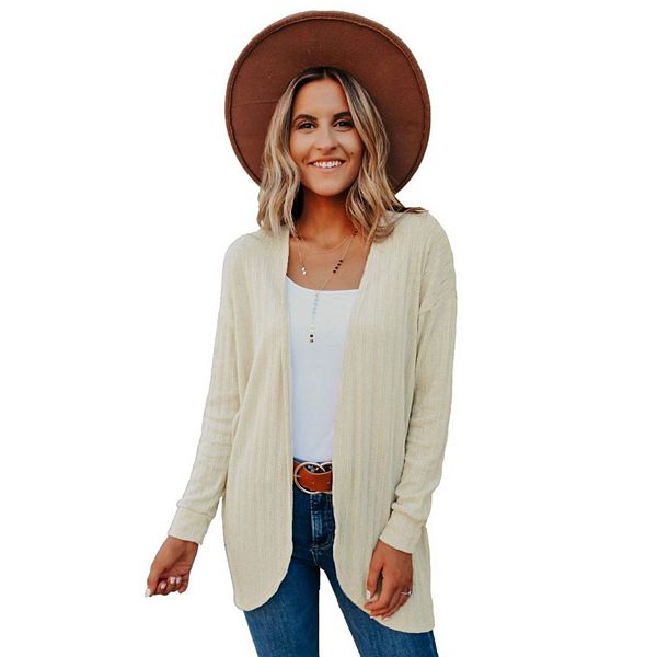 

Женский кардиган с открытой передней частью, вязаный, длинный рукав, однотонный, удобный, легкий, для осени Maxxis Merch, Beige