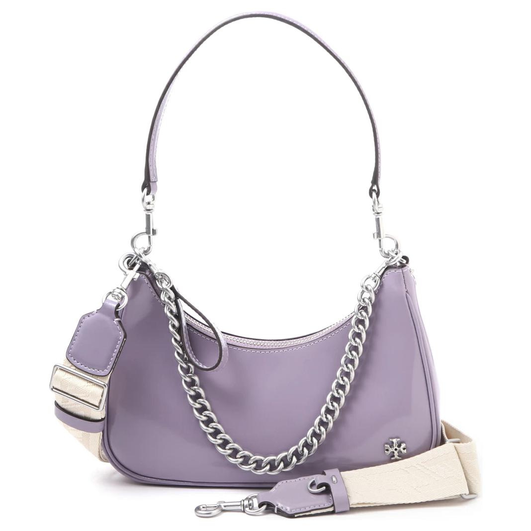 

TORY BURCH 151 MERCER, лакированная кожа, кожаная сумка-полумесяц, сумка через плечо, маленькая женская сумка цвета мятно-фиолетовый