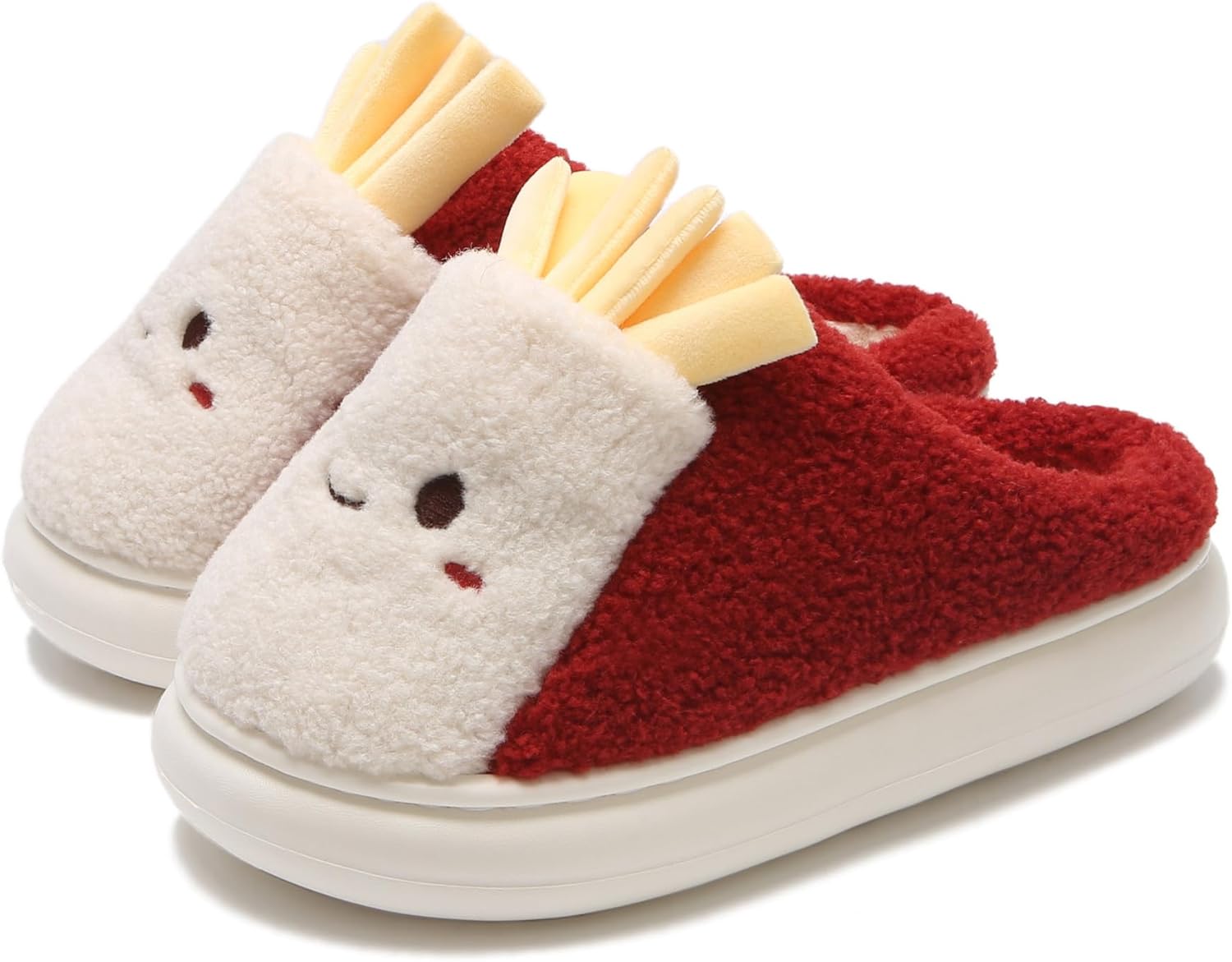 

Тапочки в виде картошки фри для женщин и мужчин, теплые, на флисовой подкладке, милые зимние тапочки с рисунком чипсов, пушистые домашние тапочки для дома и улицы Yafirgeer, красный