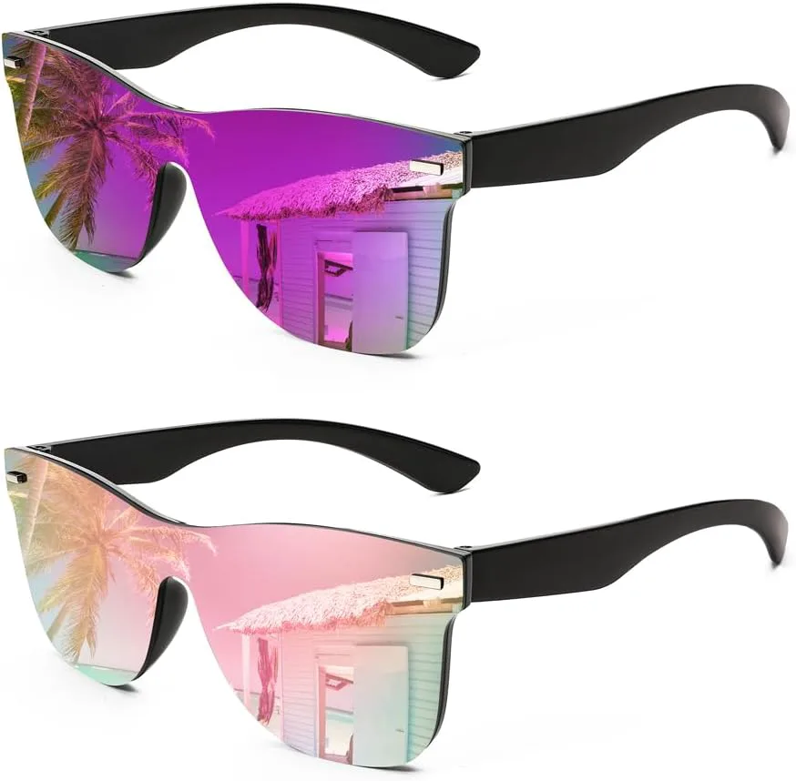 

FEISEDY Модные солнцезащитные очки без оправы с зеркальными линзами, цельные линзы, светоотражающие линзы, артикул B4114, (2 Pack)dark Purple Mirror & Pink Mirror