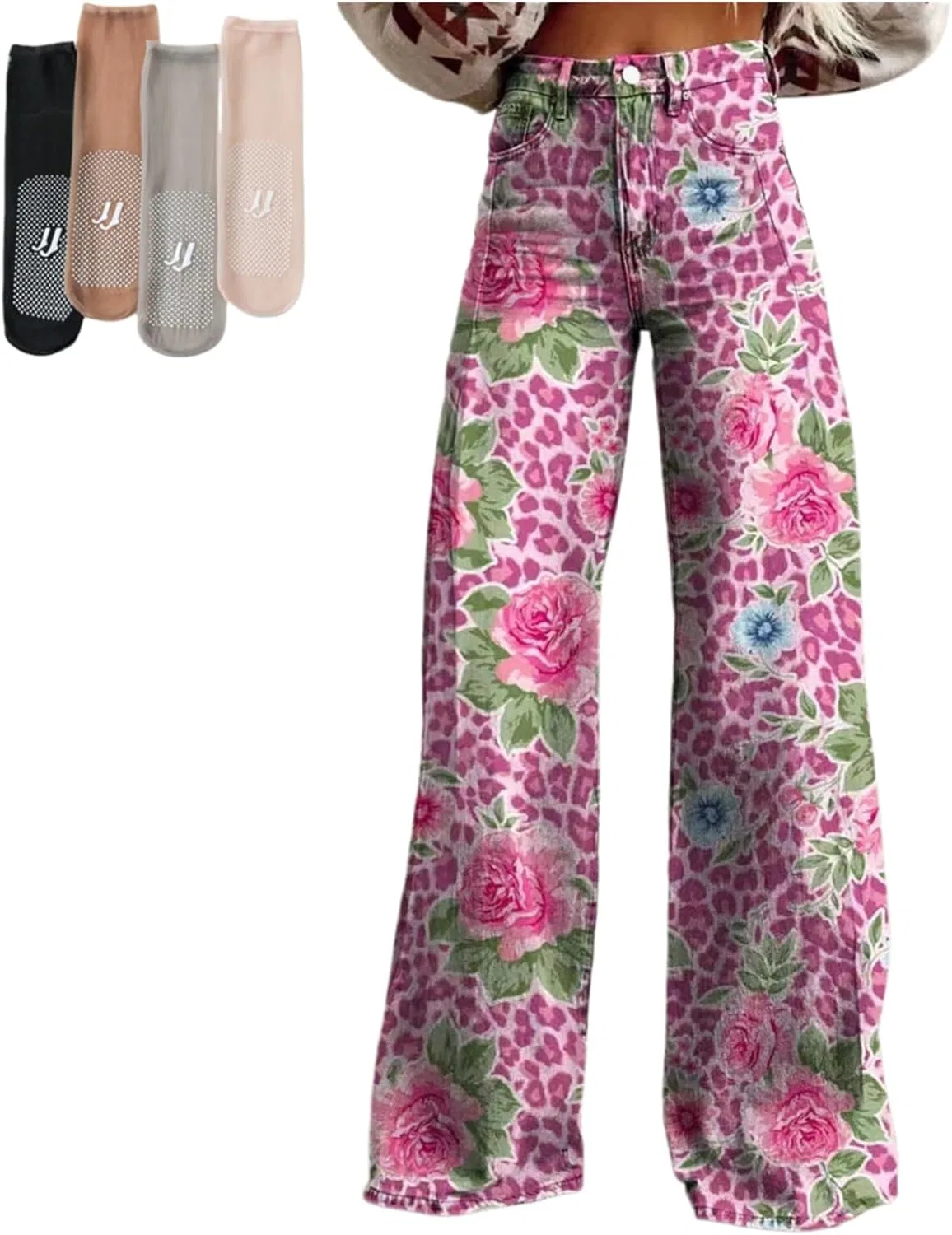 Джинсы с принтом, Womans Pants Floral Print Flare Leg High Waisted Jeans Cute Floral Printed, 32
