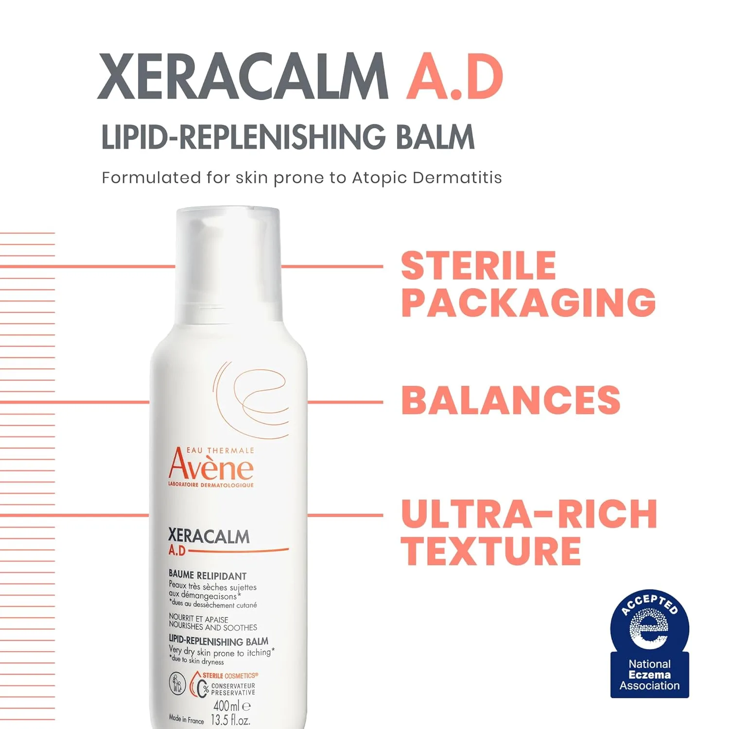 Avène XeraCalm A.D Lipid-Replenishing бальзам для атопичной кожи, склонной к экземе, против сухости и зуда, восстановление барьера, для младенцев, детей и взрослых, без консервантов и отдушек, 6,7 унции 399 мл (1 шт.) — фото 2