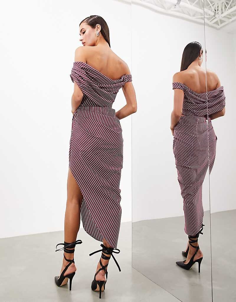 

Бордовое платье миди с греческими полосками ASOS Edition – Bardot