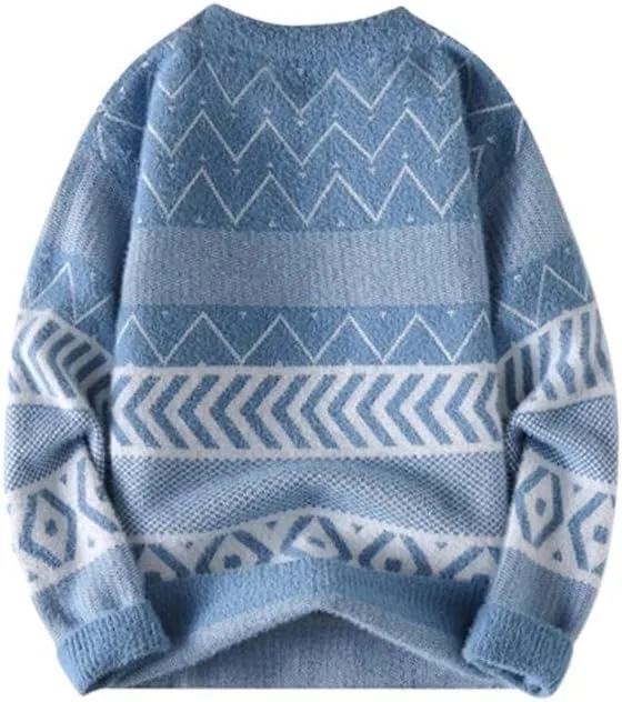 Мужской повседневный вязаный свитер на осень-зиму с флисовой подкладкой и полувысоким воротником в винтажном городском стиле Generic, синий — фото 3