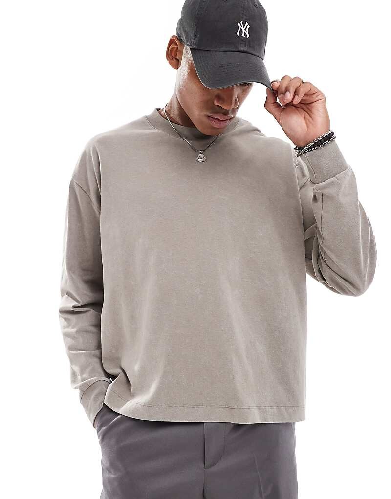 

ASOS DESIGN – бежевая футболка оверсайз с длинными рукавами и эффектом потертости