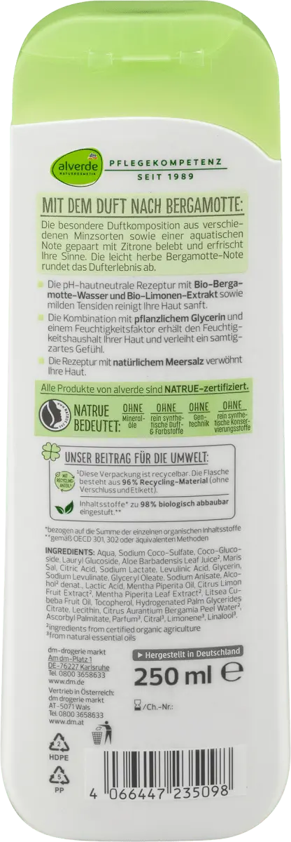 Гель для душа Time for Happiness Organic Mint Organic Bergamot 250мл alverde NATURKOSMETIK — фото 4