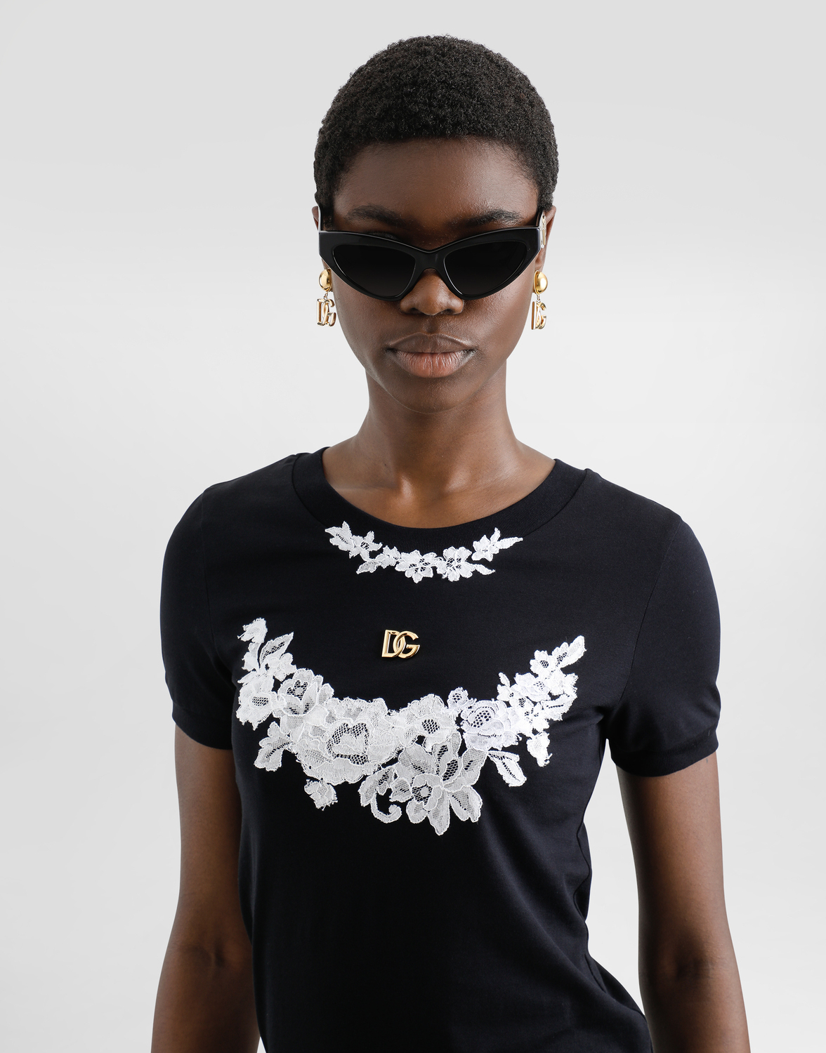 Футболка из джерси с логотипом dg и кружевными деталями Dolce & Gabbana, черный — фото 4