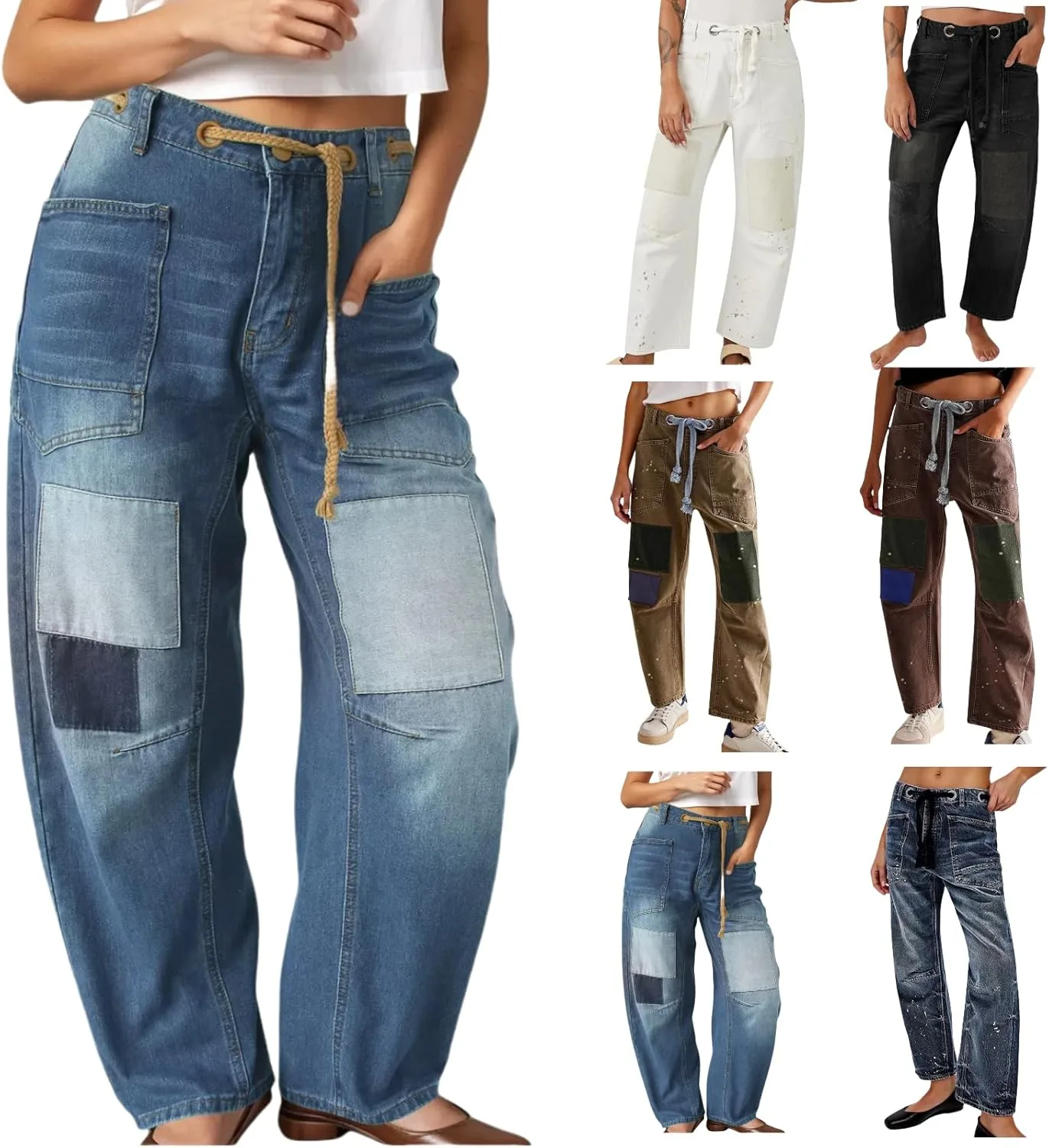

Брюки Barrel Jeans Women, широкие мешковатые с низкой посадкой и заплатками на щиколотках