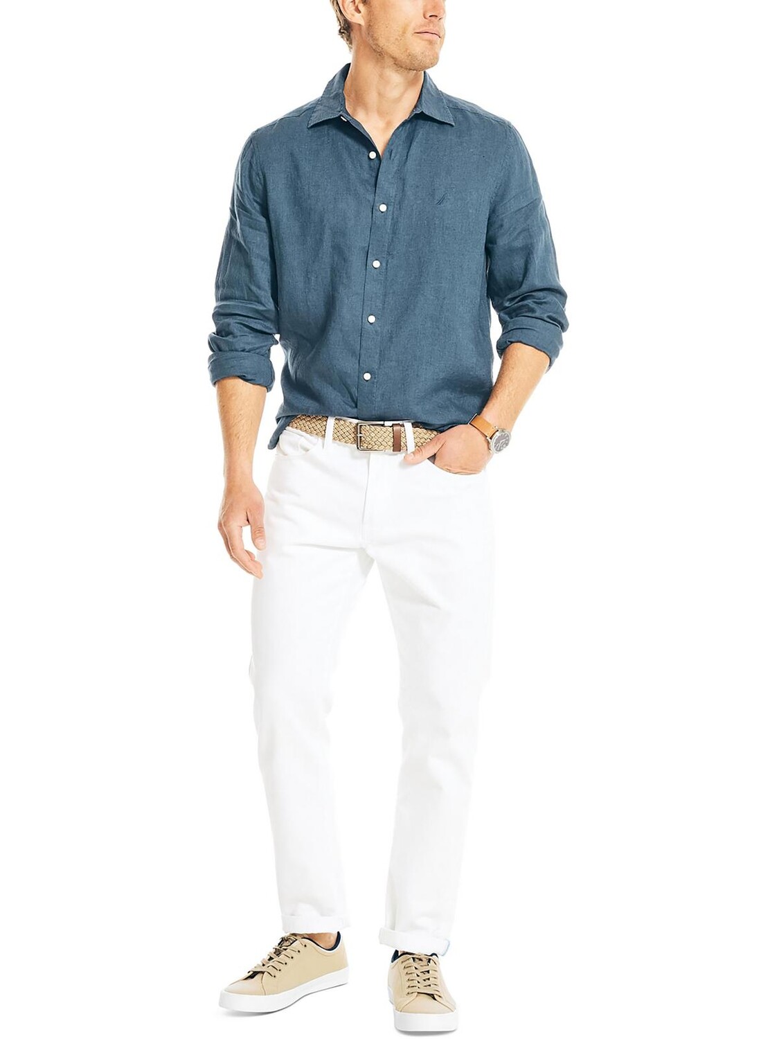 

Мужская льняная рубашка на пуговицах с подогревом Nautica, темно-синий