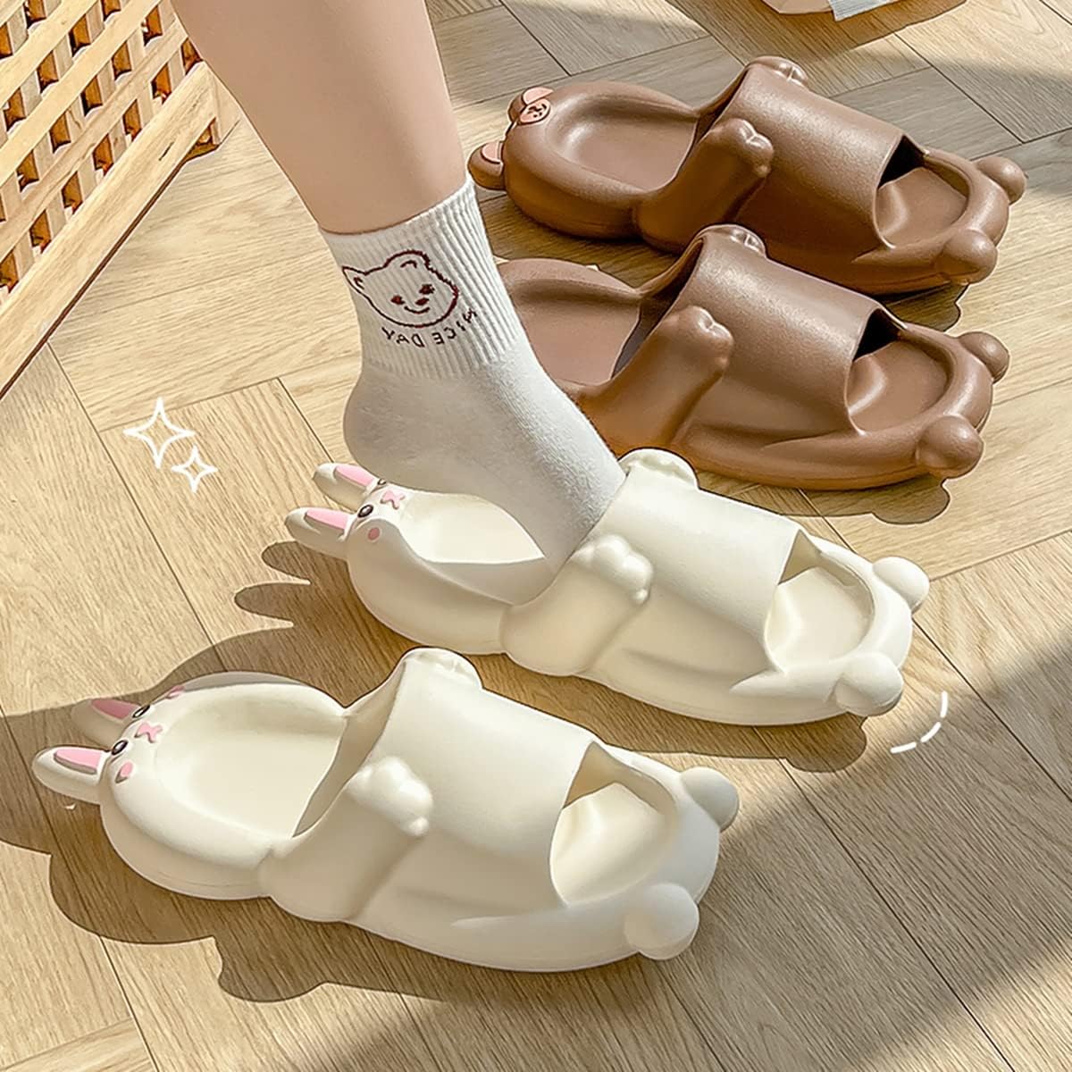 Тапочки Aoakva Kawaii Кавайные Клоги Мюли для Девочек и Женщин, Милые Тапочки с Зайчиком/Медвежонком, Летние Душевые Тапочки, Нескользящие Пляжные Обувь EVA, мягкие, розовый — фото 3
