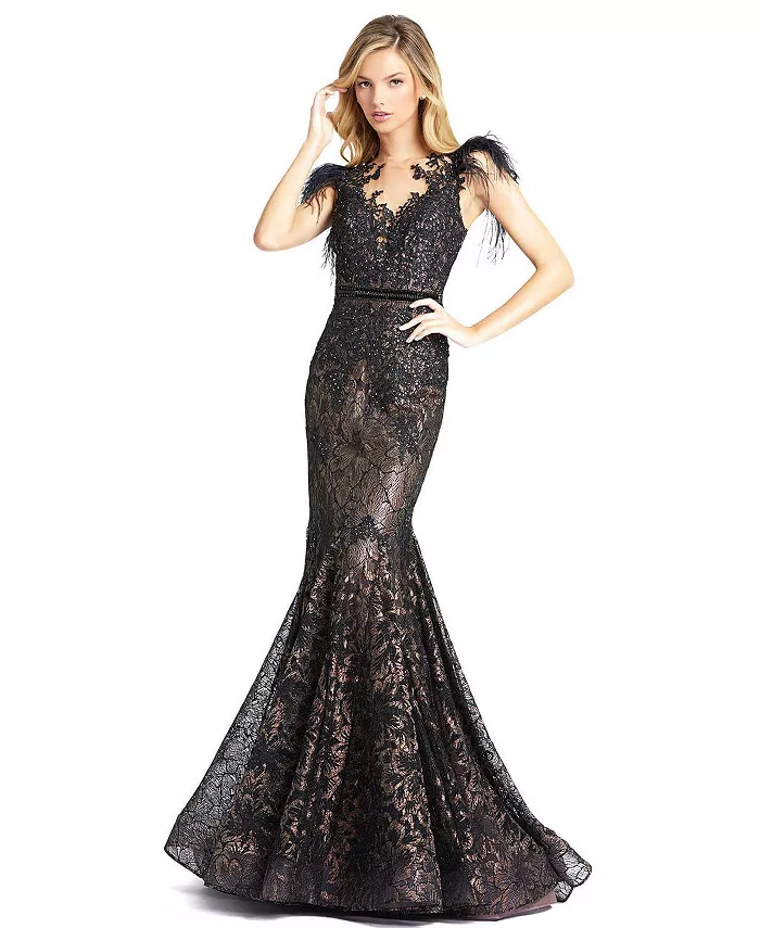 

Платье Women's Embellished Feather Cap Sleeve Illusion Neck Trump Mac Duggal, черный
