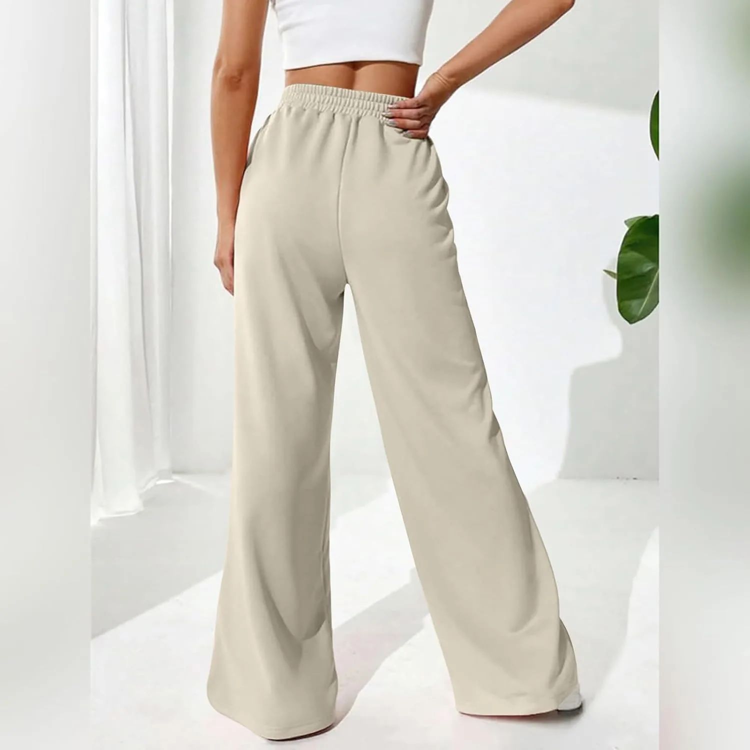 Штаны для женщин Trendy Casual 2024 Crossover High Waisted Solid Lounge Wide Leg Sweatpants Baggy Comfy Jogger Trouser Generic, хаки — фото 4