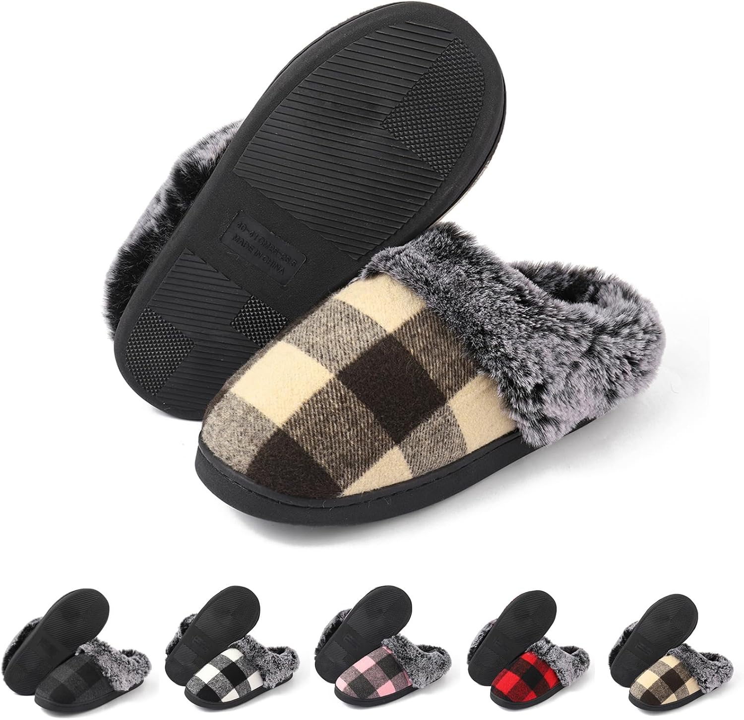 

Домашние тапочки Yueerlu для женщин и мужчин, женские клетчатые тапочки для дома, уютные тапочки с эффектом памяти, пледовые тапочки с пушистым искусственным мехом, удобные, нескользящие, теплые, мягкие для дома и улицы, бежевый