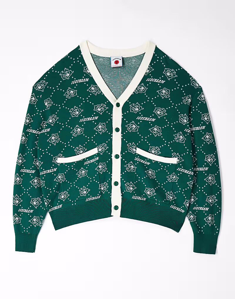 

Вязаный кардиган с монограммой зеленого и белого цветов Icecream