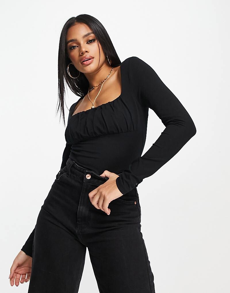 

ASOS DESIGN – Черный топ с длинными рукавами и присборенной грудью