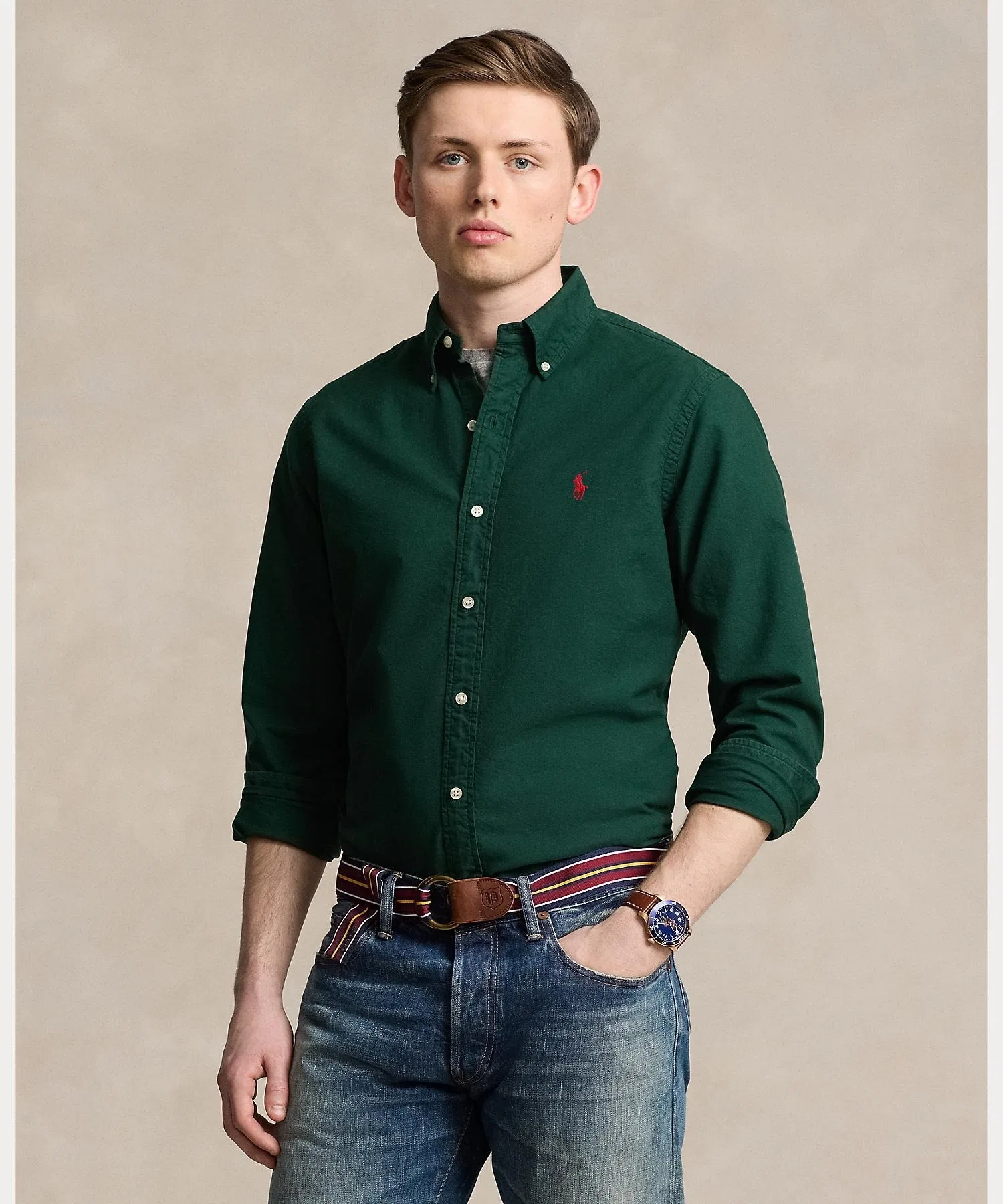 Мужская хлопковая рубашка POLO RALPH LAUREN классического кроя зелёная
