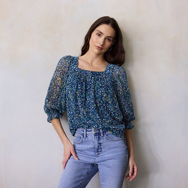 

Блузка с квадратным вырезом и рукавом 3/4 Lc Lauren Conrad, Navy Ditzy Astrid