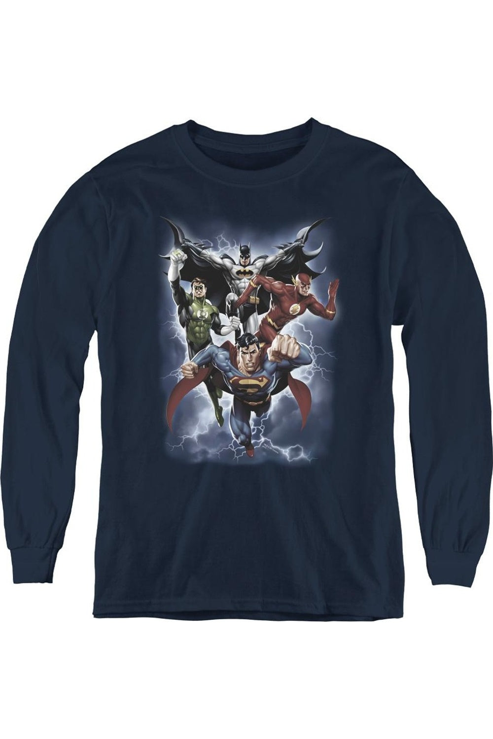 

Футболка с длинным рукавом "Justice League of America: Надвигающаяся буря" для молодежи Gildan, темно-синий