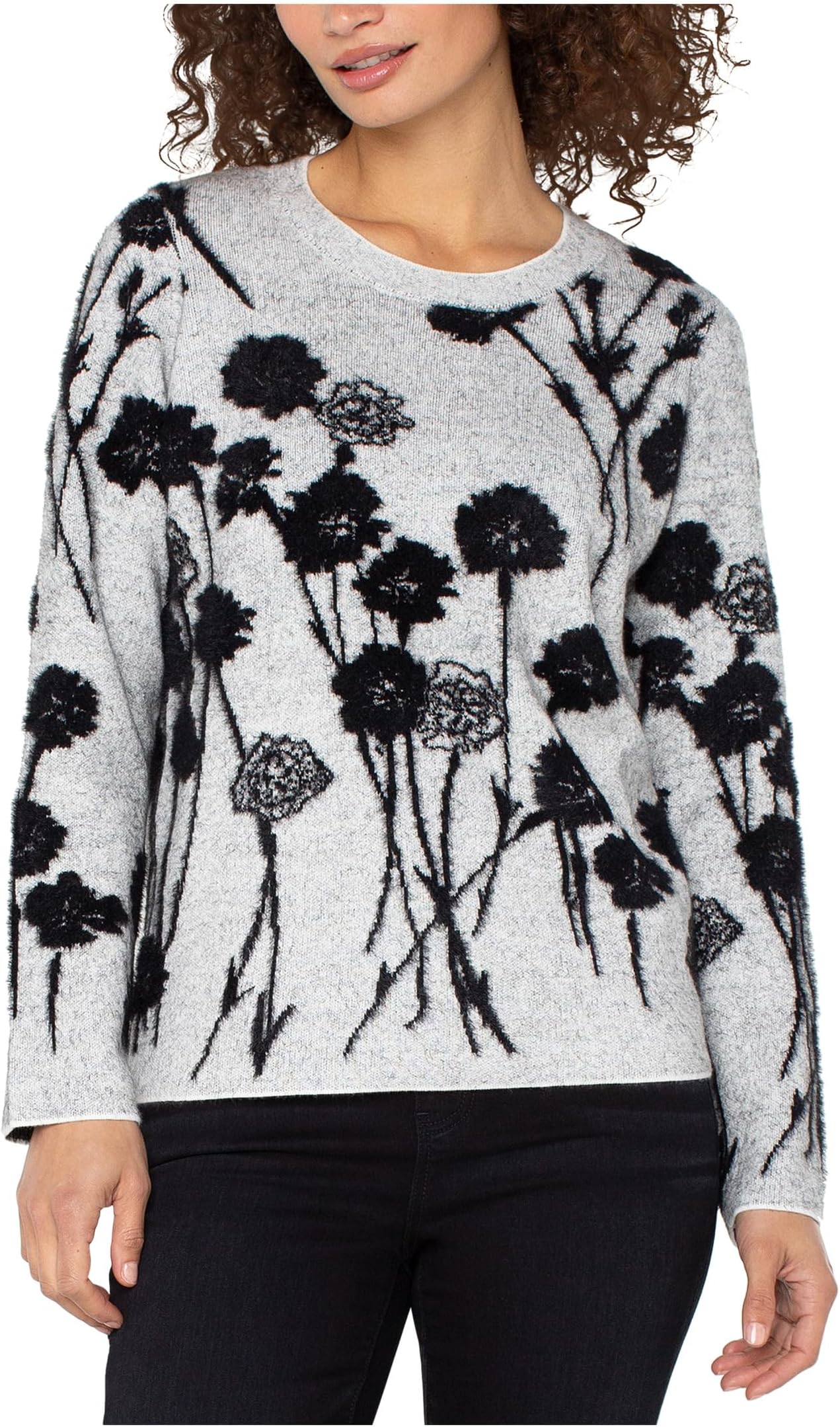 

Свитер Liverpool Los Angeles Women's Petite Long Sleeve Crew Neck Sweater, Light Grey Black Floral
