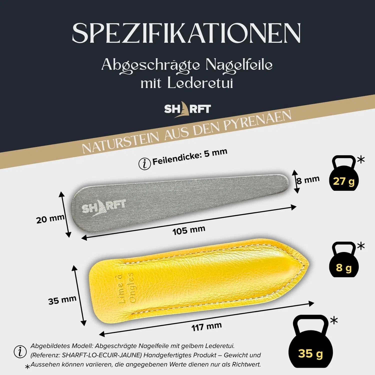 Пилка для ногтей SHARFT из натурального камня с кожаным чехлом Sharft, Yellow Leather — фото 4