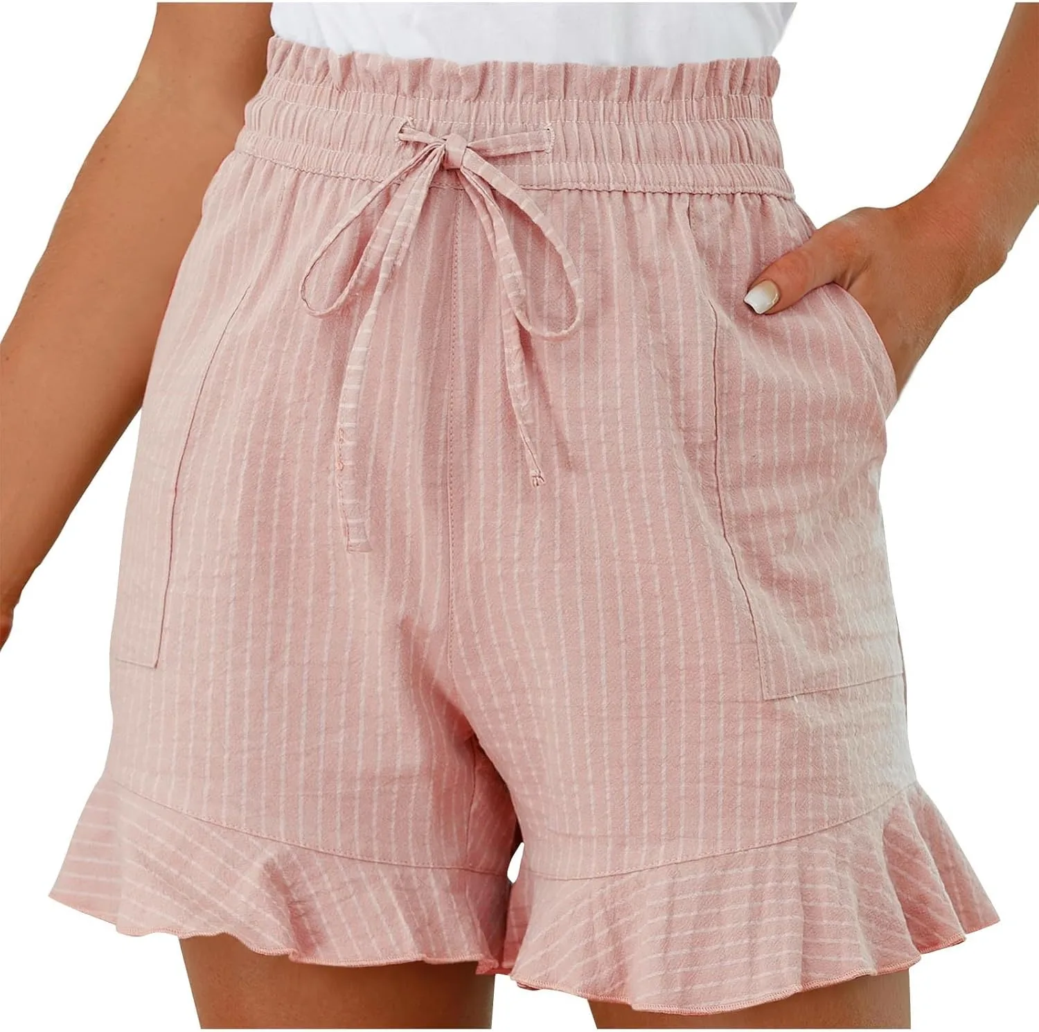 

Женские полосатые шорты с рюшами 2025, высокая талия, легкие, летние, свободные, удобные, с карманами