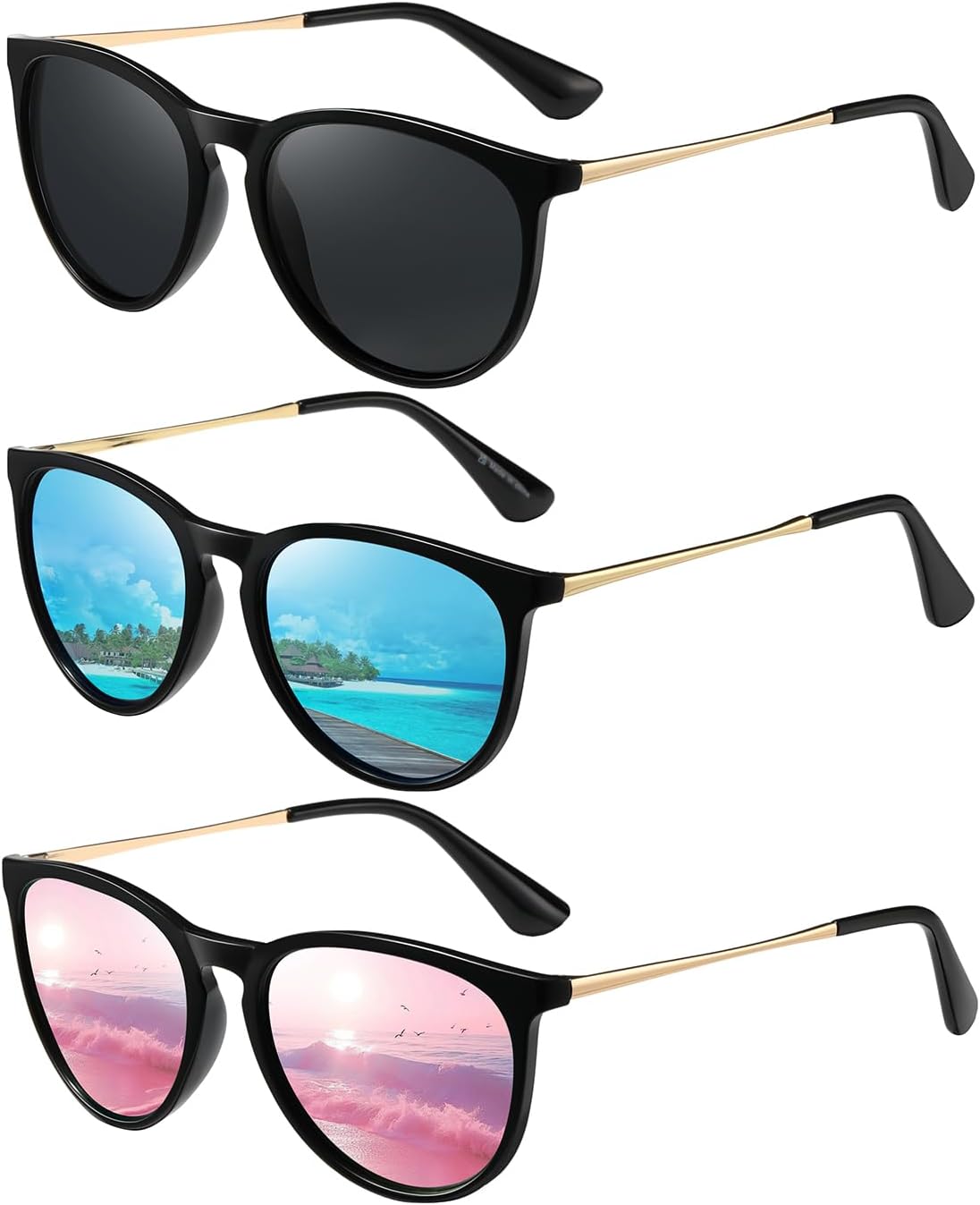 

Поляризованные солнцезащитные очки MASDUN для женщин, круглый классический дизайн, линзы с защитой от УФ-излучения, стильные солнцезащитные очки (3 шт.), Black+pink+blue