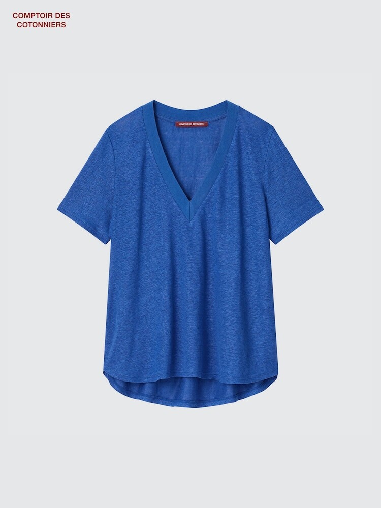 

Льняная футболка с v-образным вырезом и короткими рукавами Uniqlo, цвет 66 синий