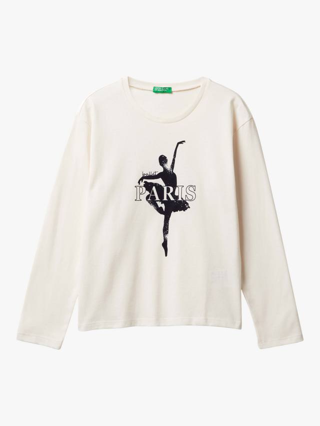 

Детская хлопковая футболка с длинным рукавом и принтом Benetton, White