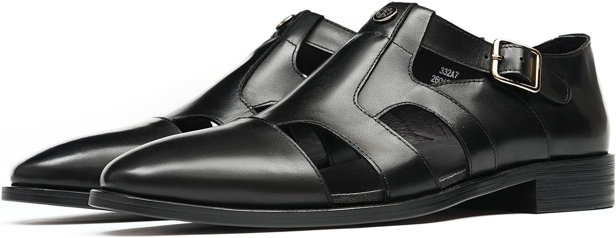 

Мужские кожаные деловые сандалии Santimon с пряжкой Agraffe, Бизнес-кэжуал лоферы, Дышащие, удобные с широкими регулируемыми ремешками летние лоферы, черный