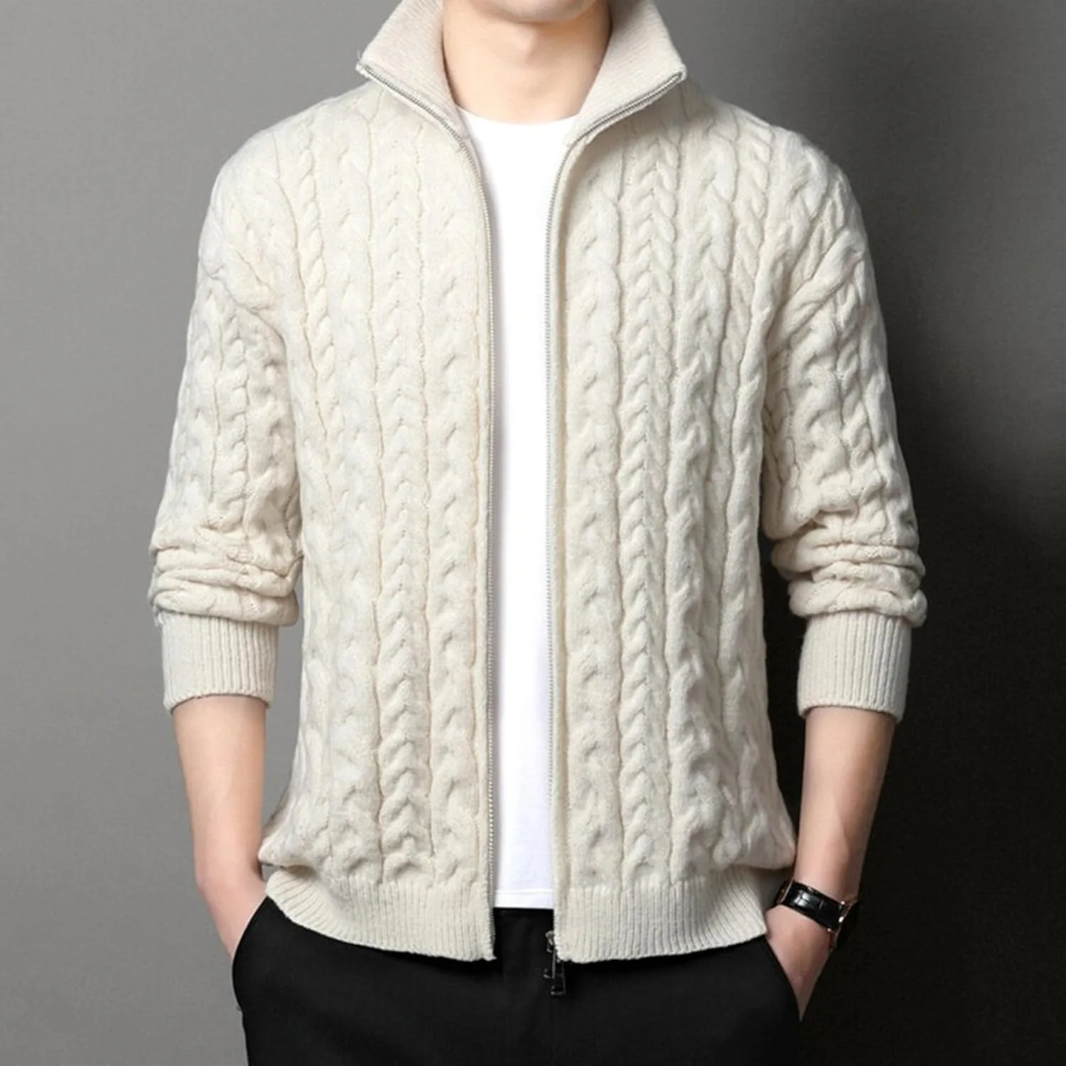 Мужской кардиган с двумя молниями Regular Full Zip Up Stand Collar зимний Casual Slim Fit — фото 2