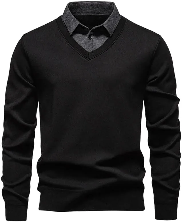 

Мужской вязаный свитер slim fit с отложным воротником и флисовой подкладкой