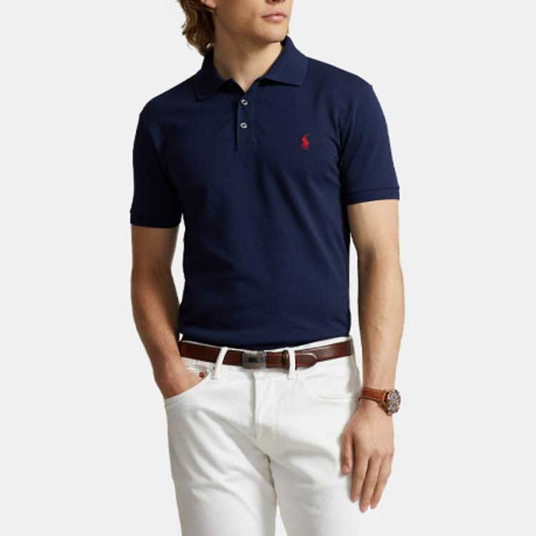 Поло Polo Ralph Lauren с вышитым логотипом, облегающее, тёмно-синее — фото 4