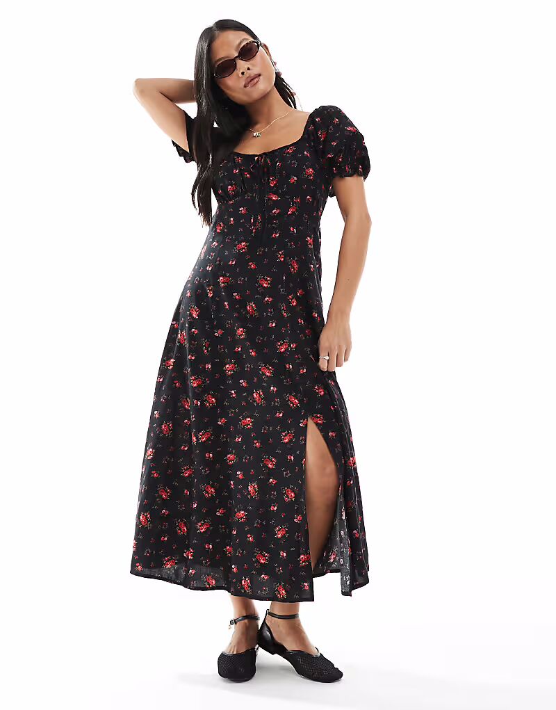 

Платье Miss Selfridge Petite spun tea midaxi с принтом черных роз