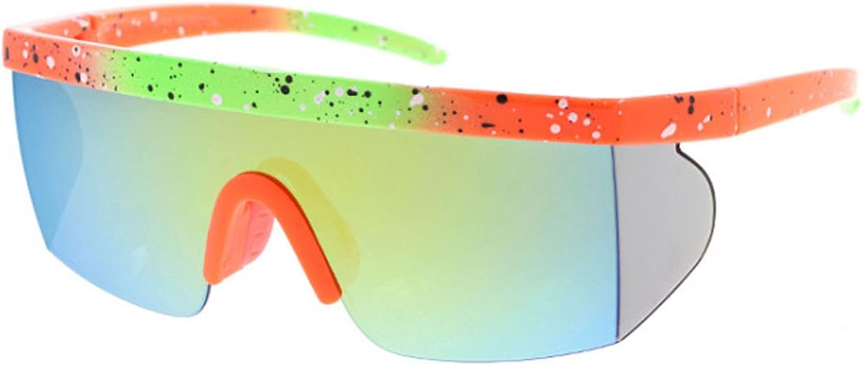 

Модные спортивные солнцезащитные очки унисекс в стиле ретро с плоской верхней частью, неоновые, зеркальные, оранжево-салатовые с вкраплениями Frame & Optic, Orange Lime Splatter